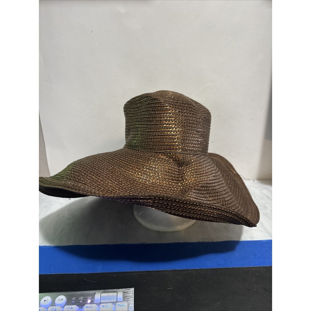 Kokin New York Brown Tan Wide Brim Woven Straw Sun Hat Shiny Hat 56cm, 22"